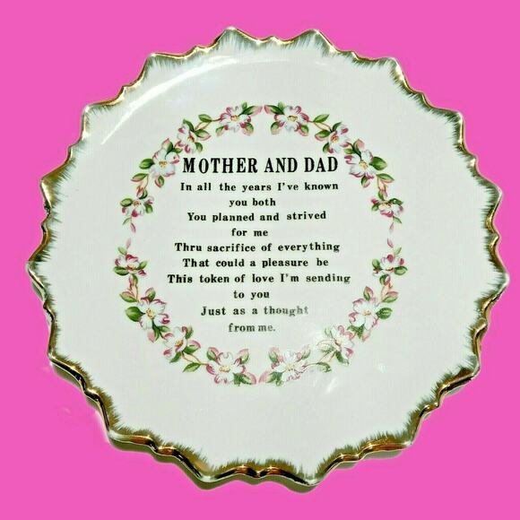 Tribute to Mother Dad Floral Plate Wall Hanging 7" VTG Retro Parent Gift Poem - Picture 7 of 10